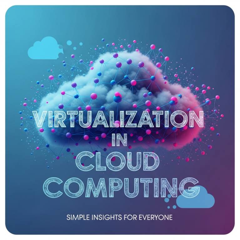 A square image illustrating virtualization in cloud computing, featuring interconnected cloud icons and server symbols with digital network lines, representing the concept of virtual machines and resource sharing in a modern, simplified style.