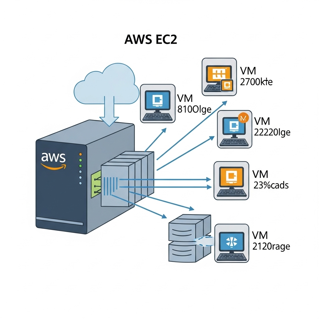 Diagram showing multiple virtual machines operating on one physical server with Amazon branding, illustrating how AWS EC2 manages cloud resources.