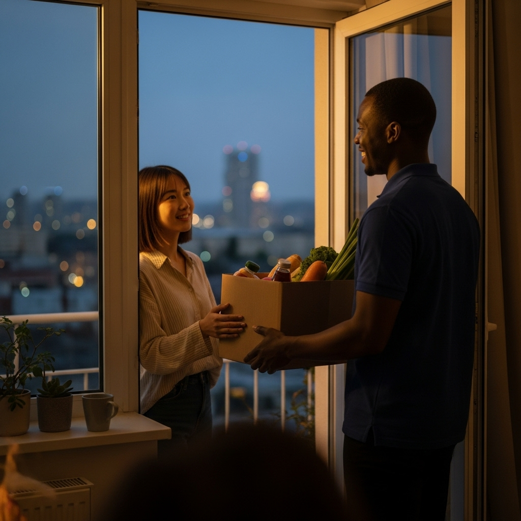 A cozy city apartment with warm lighting and urban views outside the window, where a friendly courier is handing groceries at the door, highlighting the convenience and trust of speedy delivery.