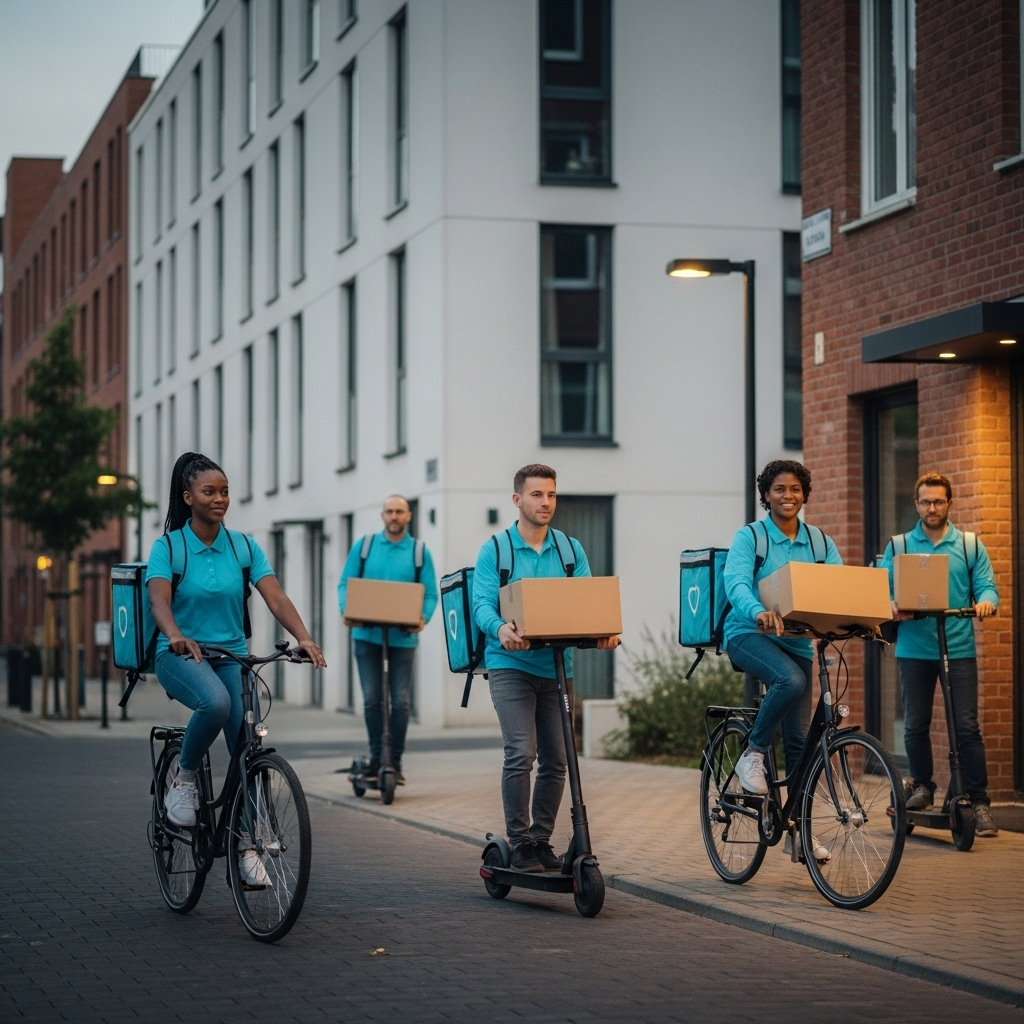 A bustling modern neighborhood at dusk with several couriers on bicycles and scooters swiftly delivering small packages to various homes, showcasing movement, reliability, and friendly service amid city buildings and front doorsteps.