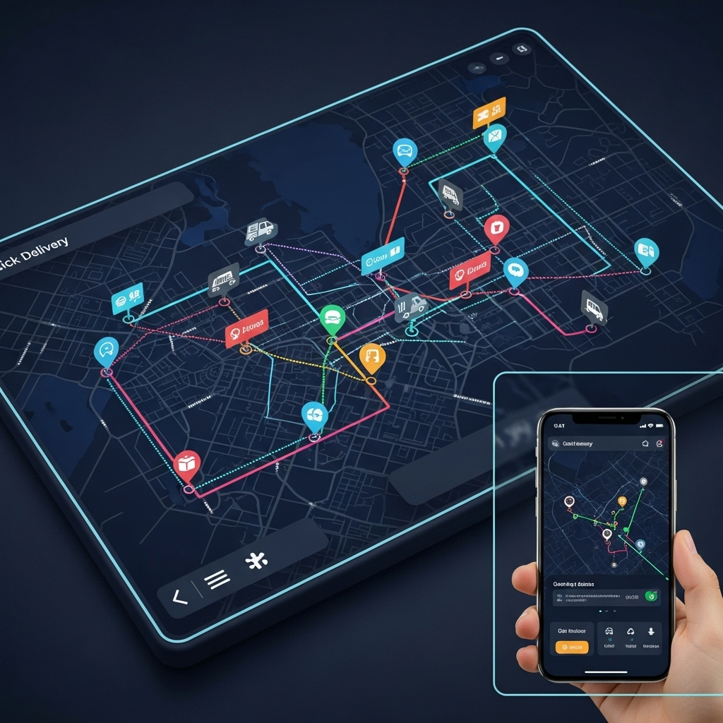 A digital map interface showing optimized delivery routes with numerous delivery icons, illustrating advanced logistics technology. The screens have a sleek, user-friendly, and futuristic design without any visible text. An inset features a hand holding a smartphone tracking an order.