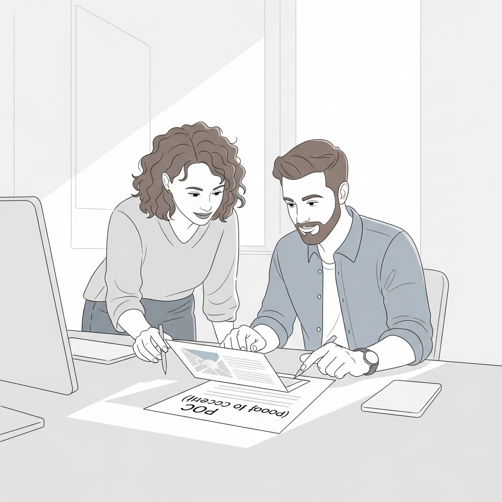 A minimalistic illustration of two people working together on a digital project in a modern workspace, with a document labeled POC (Proof of Concept) lying on the desk.