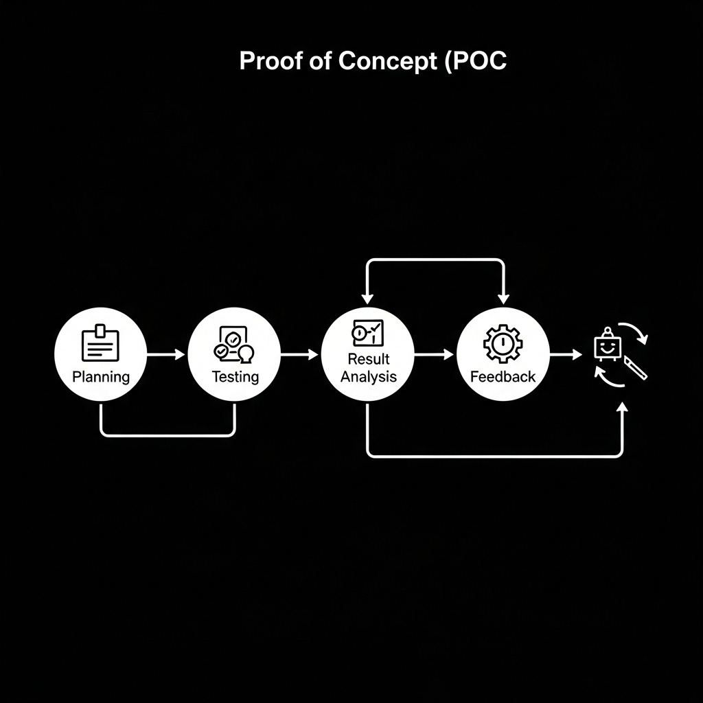 A clean and modern flowchart diagram illustrating the steps of a POC (Proof of Concept) in a generic project, featuring simple icons that represent key actions such as planning, testing, and reviewing results without any text.