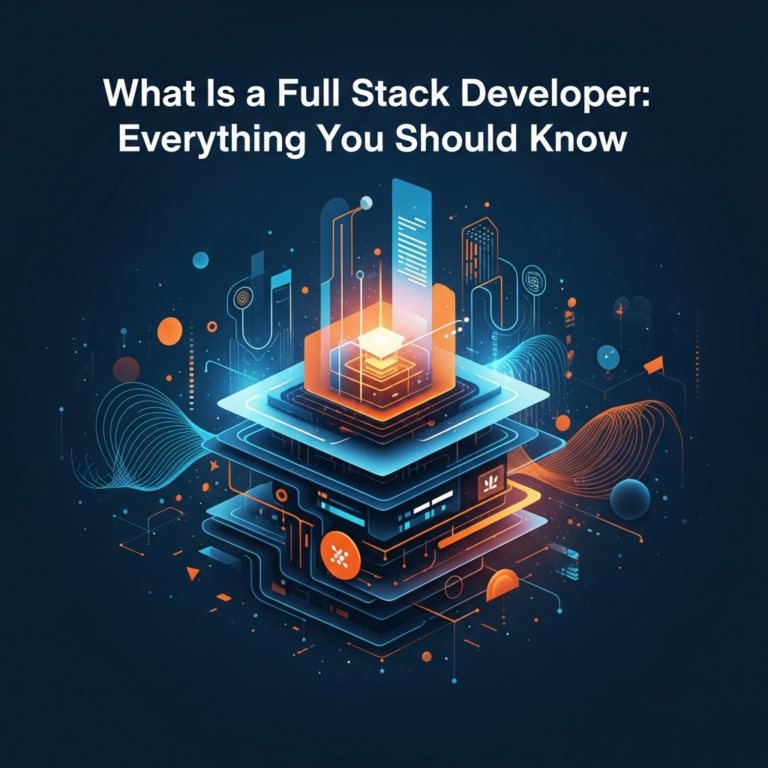 An abstract square image symbolizing the concept of "What is a Full Stack Developer," featuring layered geometric shapes and interconnected digital icons representing both front-end and back-end development.