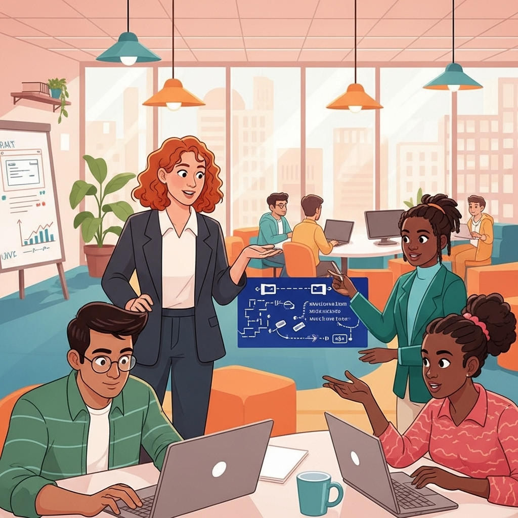 A warm, modern illustration showing a non-technical business person observing a diverse team of developers collaborating in a bright, creative office, emphasizing inclusiveness and approachability.