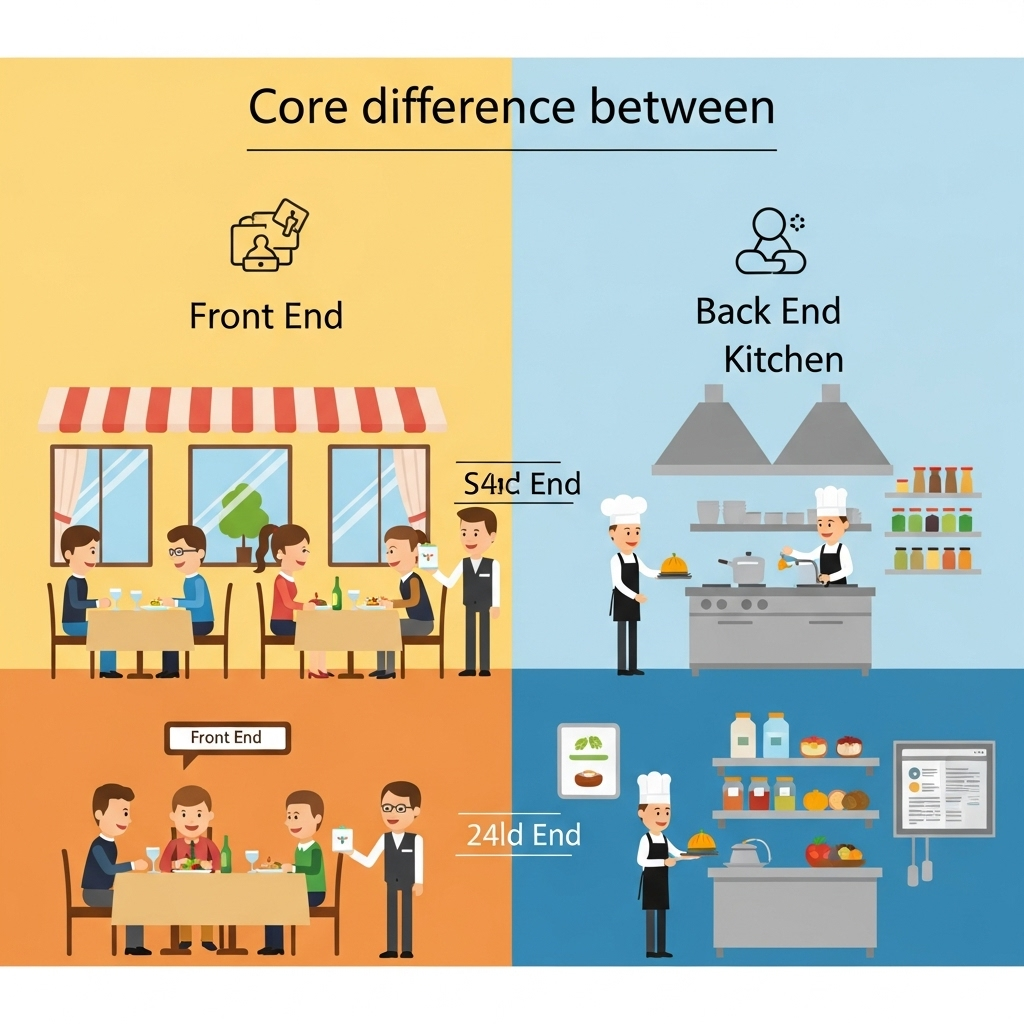An infographic illustrating the distinction between the front end and back end of a website using a restaurant analogy, showing a dining area representing the user interface and a kitchen symbolizing the behind-the-scenes processes, depicted with soft, inviting colors and simple visuals without any text.