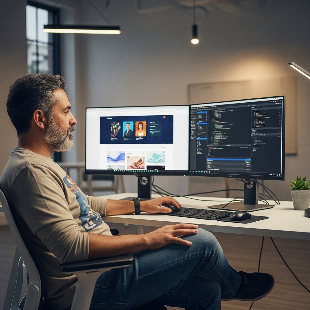 A creative workspace featuring a developer simultaneously managing a user-friendly website on one monitor and intricate backend code on another, illustrating multitasking and versatility.