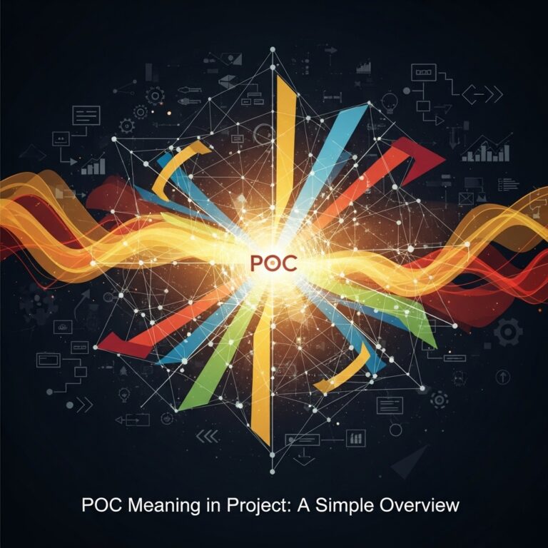 An abstract square image featuring interconnected geometric shapes and lines symbolizing collaboration and innovation, representing the concept of POC meaning in project for a blog post titled