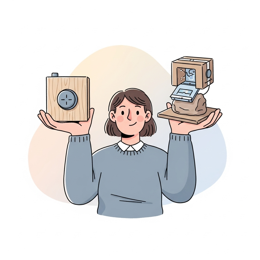 A warm and approachable illustration of a person proudly holding up a simple prototype or basic product, depicted with soft colors and a friendly style, capturing the essence of creating a minimum viable product.