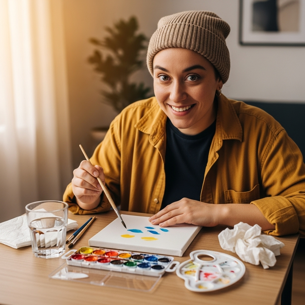 A cheerful person engaging in a new hobby, painting with basic art supplies on a small table, surrounded by soft lighting and warm tones, conveying curiosity and lightheartedness.