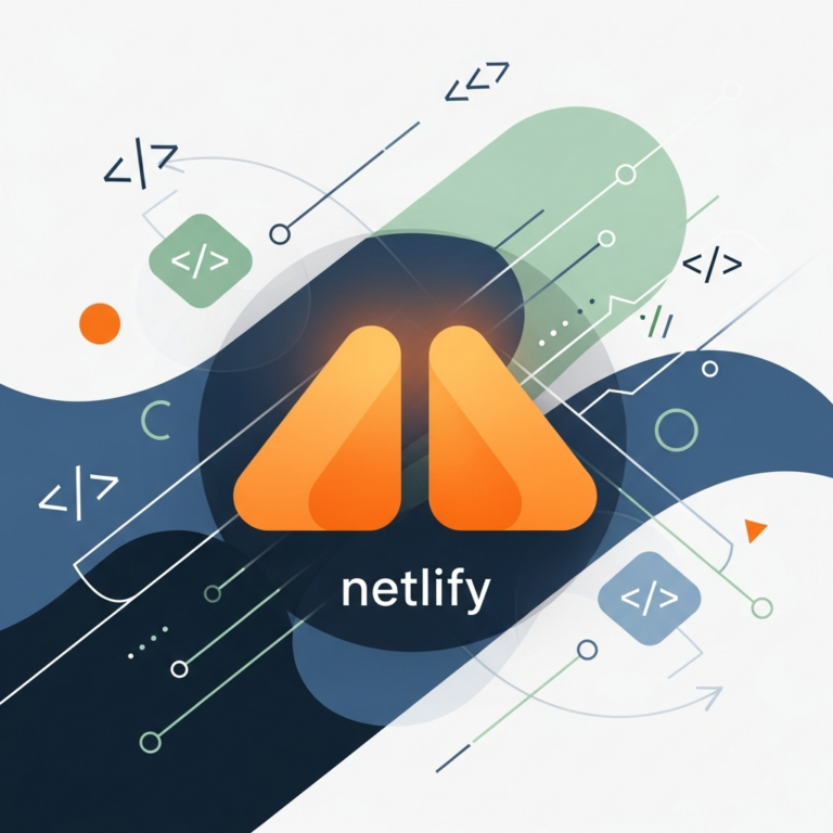 A square abstract graphic featuring interconnected digital nodes and smooth geometric shapes in vibrant blues and greens, symbolizing the seamless and modern web deployment capabilities of Netlify for building and hosting websites.