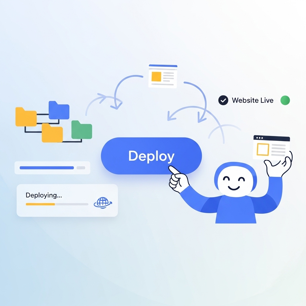 An inviting illustration of a clean, simple dashboard showcasing how a platform streamlines website deployment, featuring a modern and warm color palette.