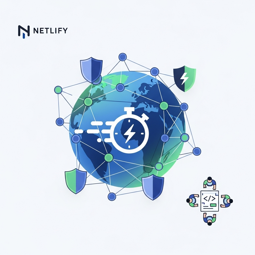 A clean, modern graphic showcasing icons that represent speed, security, and collaboration features with a simple and clear layout.