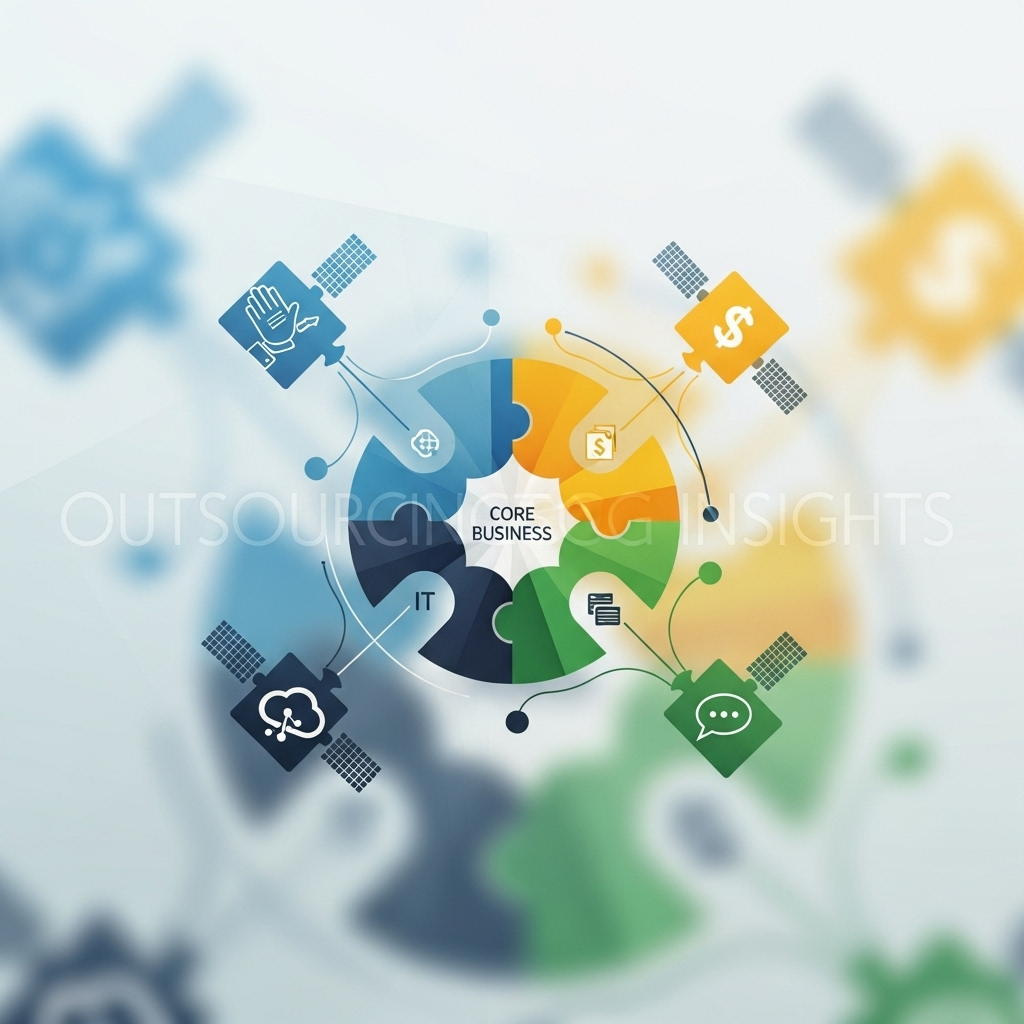 The alt description is: Abstract square image featuring interconnected geometric shapes and digital icons symbolizing global collaboration and efficiency, representing the theme