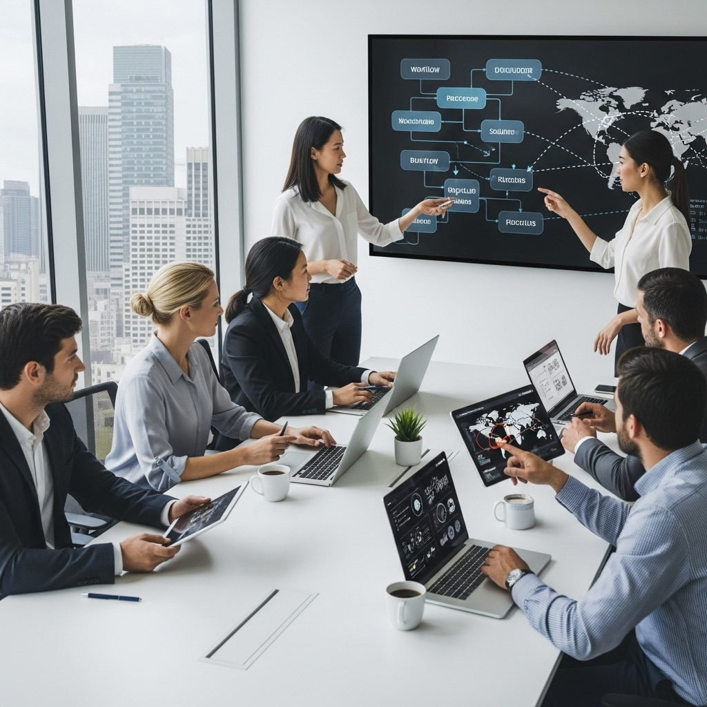 A modern office setting with a diverse group of professionals gathered around a table, engaged in discussion about workflows and digital solutions, highlighting collaboration, teamwork, and the process of outsourcing decisions.