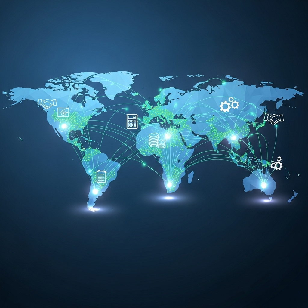 A digital map highlighting global data flows between cities worldwide, featuring business icons that symbolize partnerships and cost efficiency in a clean, minimalistic design.