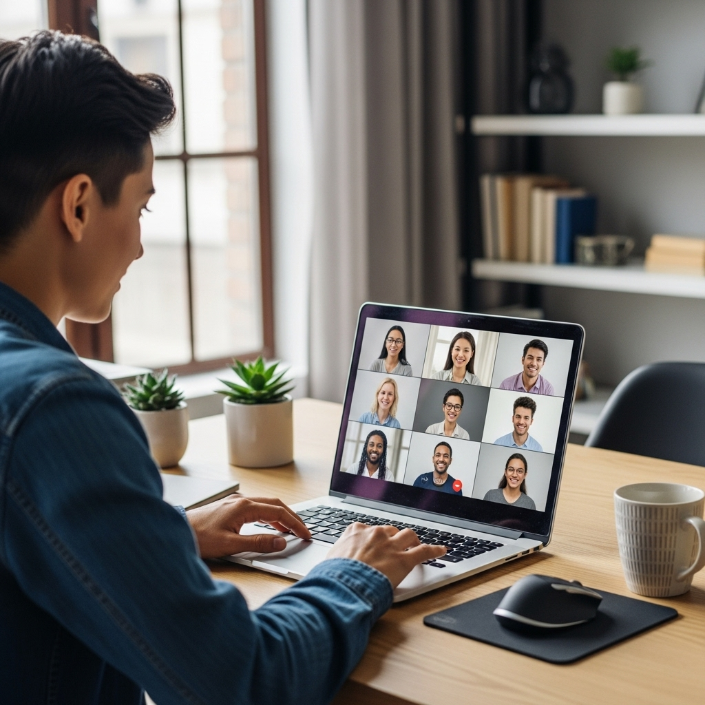 An experienced software engineer working remotely on a laptop in a well-lit modern workspace, engaged in a video call with an international team.