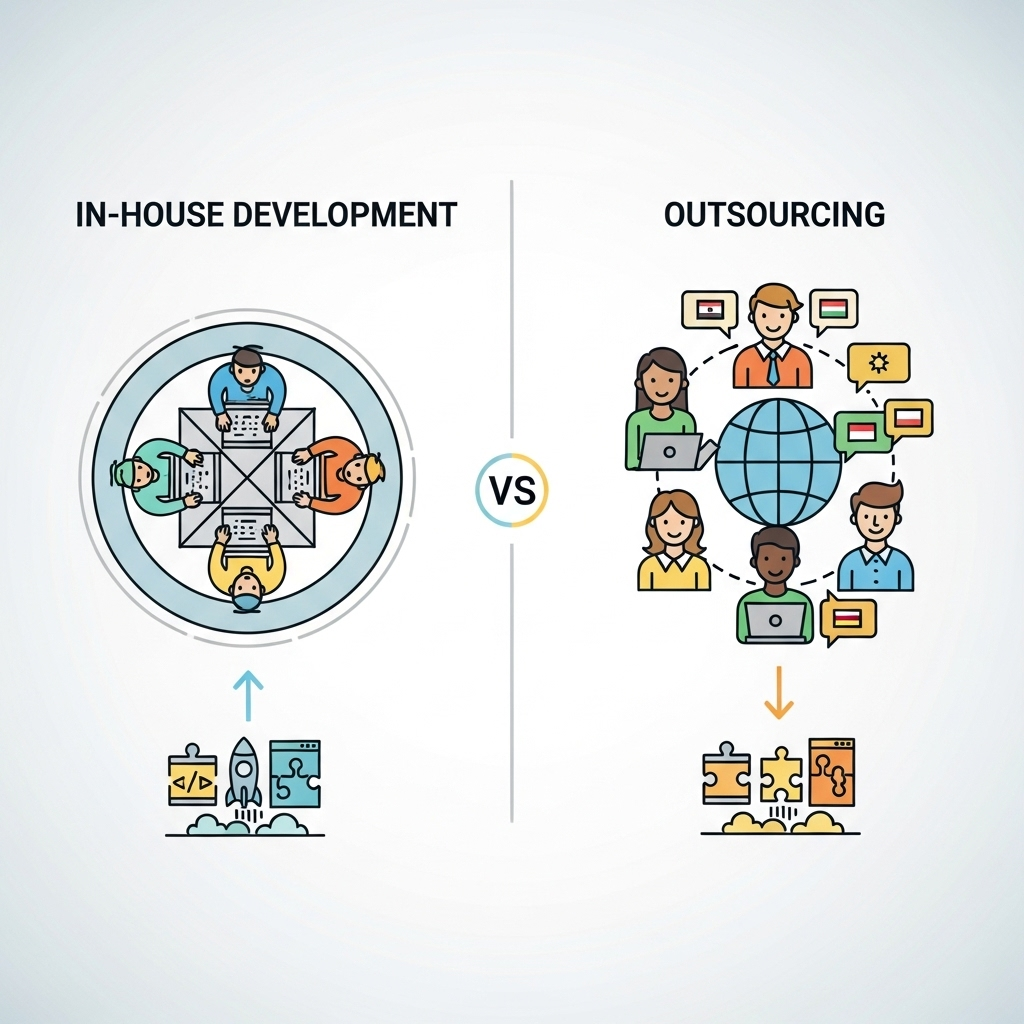 A minimalist infographic visually comparing in-house development and outsourcing, featuring contrasting icons representing an internal team and external global experts, connected by arrows and designed with neutral color tones.