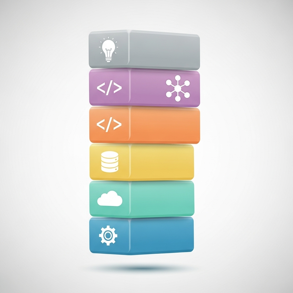 A clean digital illustration of a vertical stack of colorful building blocks, each displaying a generic technology icon such as a gear, cloud, code, or database symbol, set against a soft background. The modern and friendly design visually represents the idea of combining various tools and technologies to create a website or app.