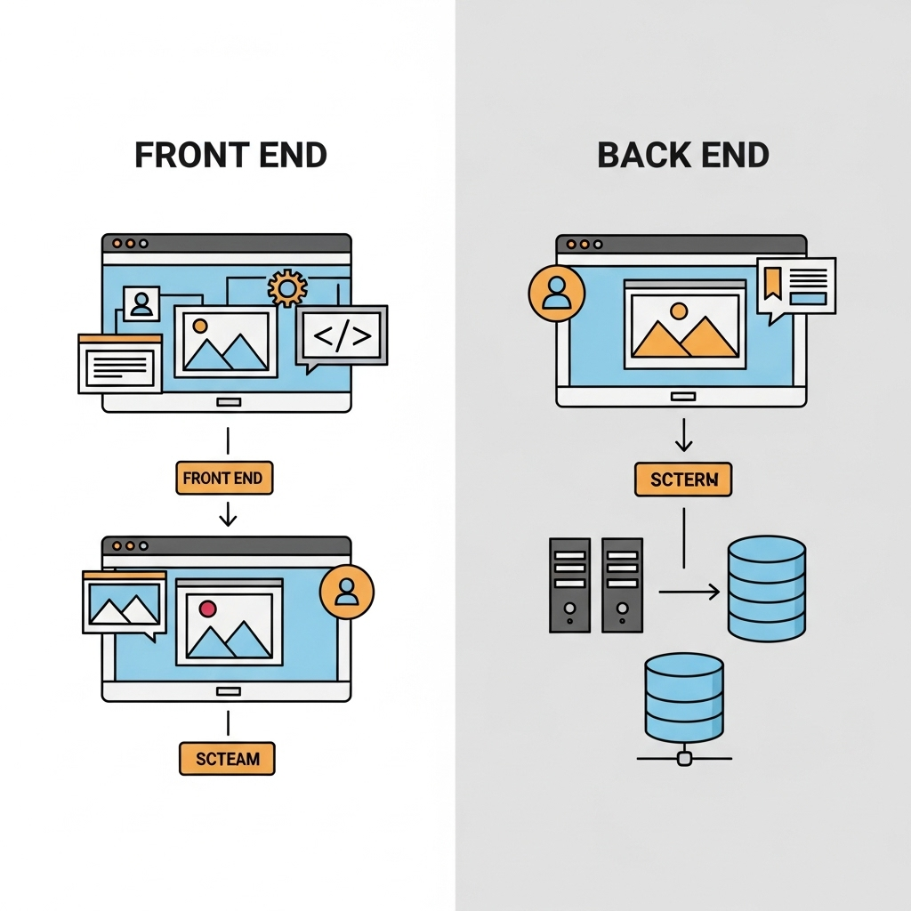 An infographic illustrating a website's front end and back end divided into two sections; the front end features user interface elements such as buttons and images, while the back end includes server and database icons, all depicted with clean lines and friendly visuals for easy understanding.