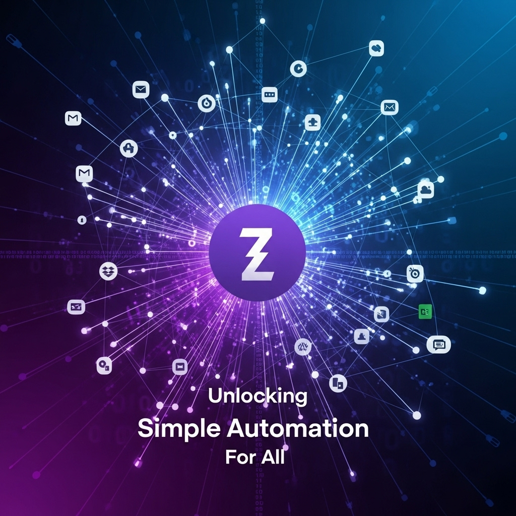 Abstract square image featuring interconnected colorful shapes and lines symbolizing automation and workflow, visually representing the theme "Zapier: Unlocking Simple Automation for All."