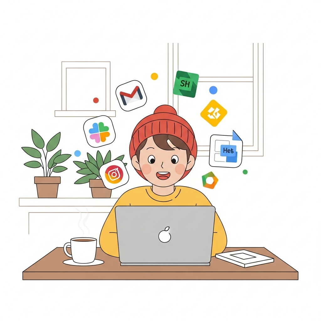 A cheerful illustration of a person happily looking at a laptop with colorful app icons like Gmail, Slack, and Google Sheets floating around, symbolizing automation in a cozy workspace with modern, soft colors and a friendly, non-technical atmosphere.