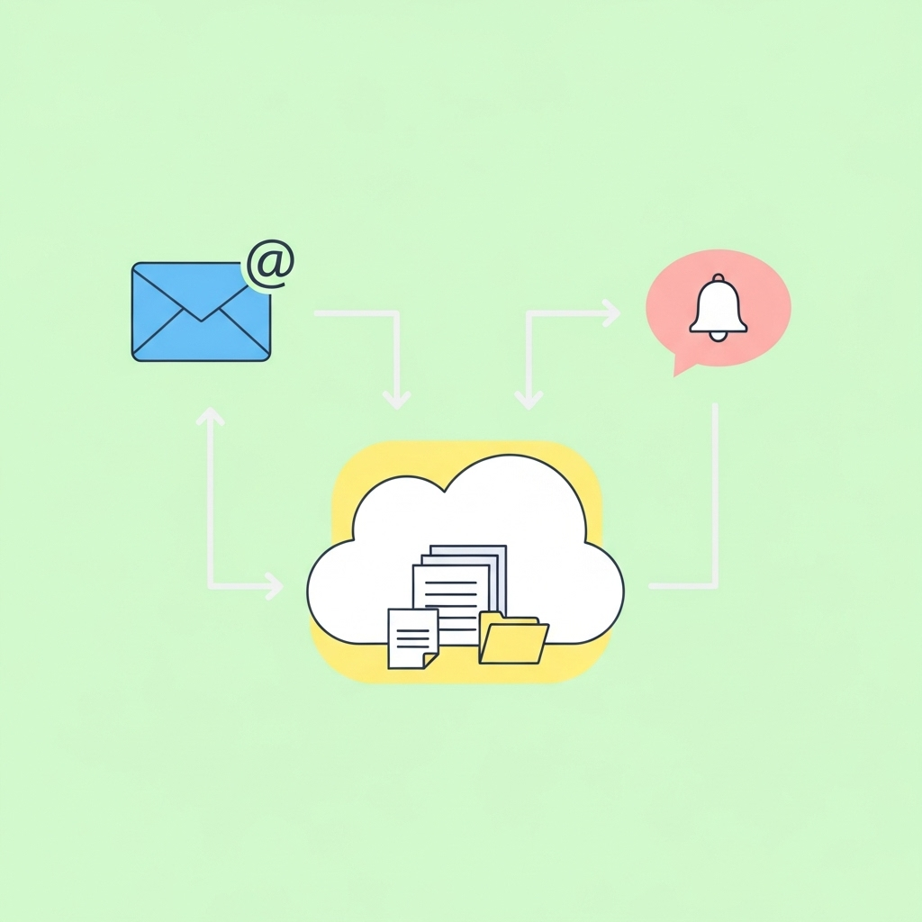 A clean, pastel-colored infographic showing a simple workflow with icons and arrows: an email triggers storing a file in the cloud, followed by a notification popping up. The minimalistic design is friendly and easy to understand for beginners.