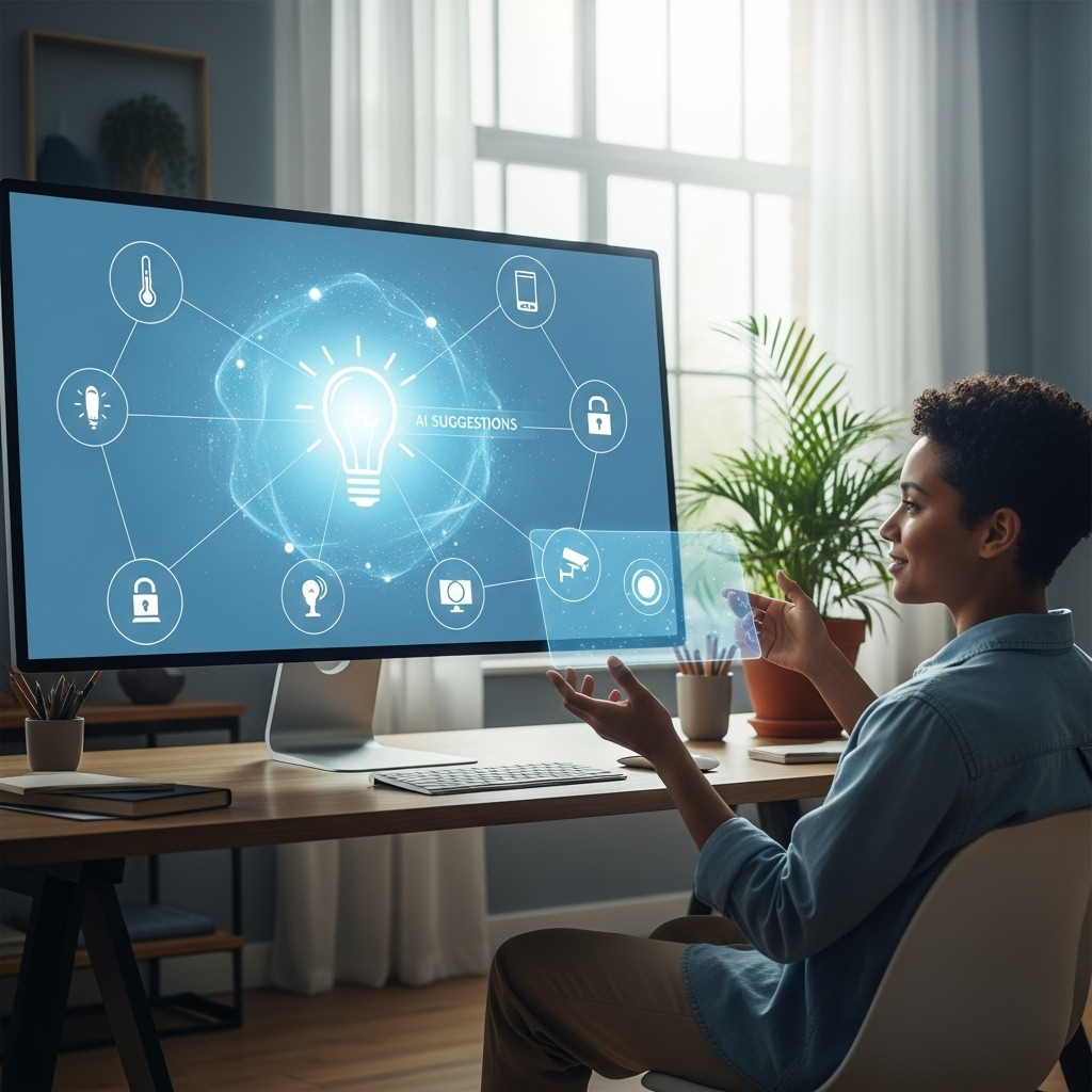 A modern workspace featuring a computer screen showing interconnected smart apps with a glowing light bulb icon representing AI suggestions, as a diverse person engages confidently with the interface in soft blue lighting.