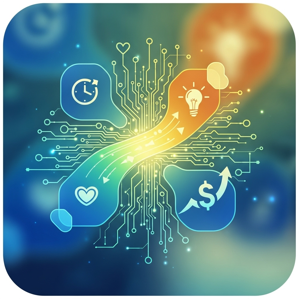 Abstract square image with interconnected gears and digital circuits symbolizing the concept of make automation work, highlighting the everyday benefits of automation in a modern, streamlined design.