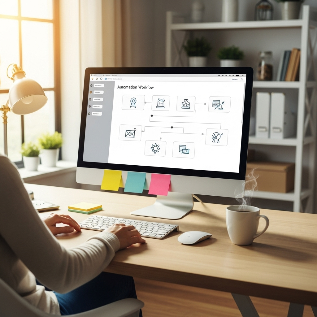 A person sitting at a desk in a bright, welcoming home office with a modern, organized workspace. The computer screen displays simple automation workflows and intuitive icons, conveying ease and clarity. Nearby are sticky notes and a coffee mug, creating a comforting and relatable scene.