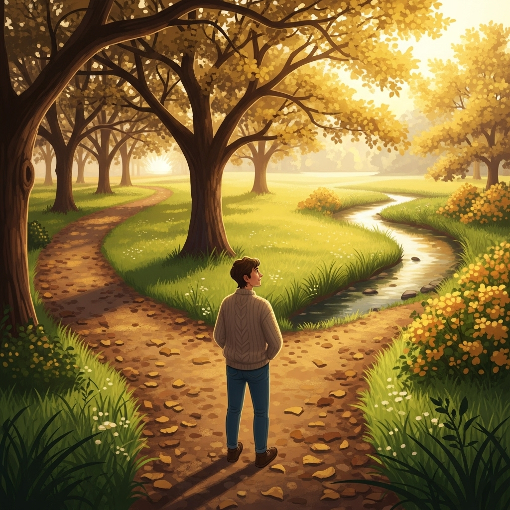 A serene illustration of a person standing at a fork in a peaceful park, thoughtfully choosing which path to take. Warm, inviting colors create a comforting atmosphere that highlights the theme of making independent decisions and personal agency.
