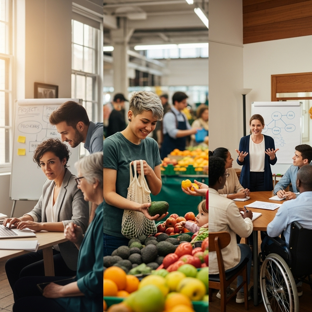A vibrant scene showing diverse people engaging in meaningful activities like setting goals at work, choosing healthy meals, and leading group discussions, reflecting a positive and inclusive environment.