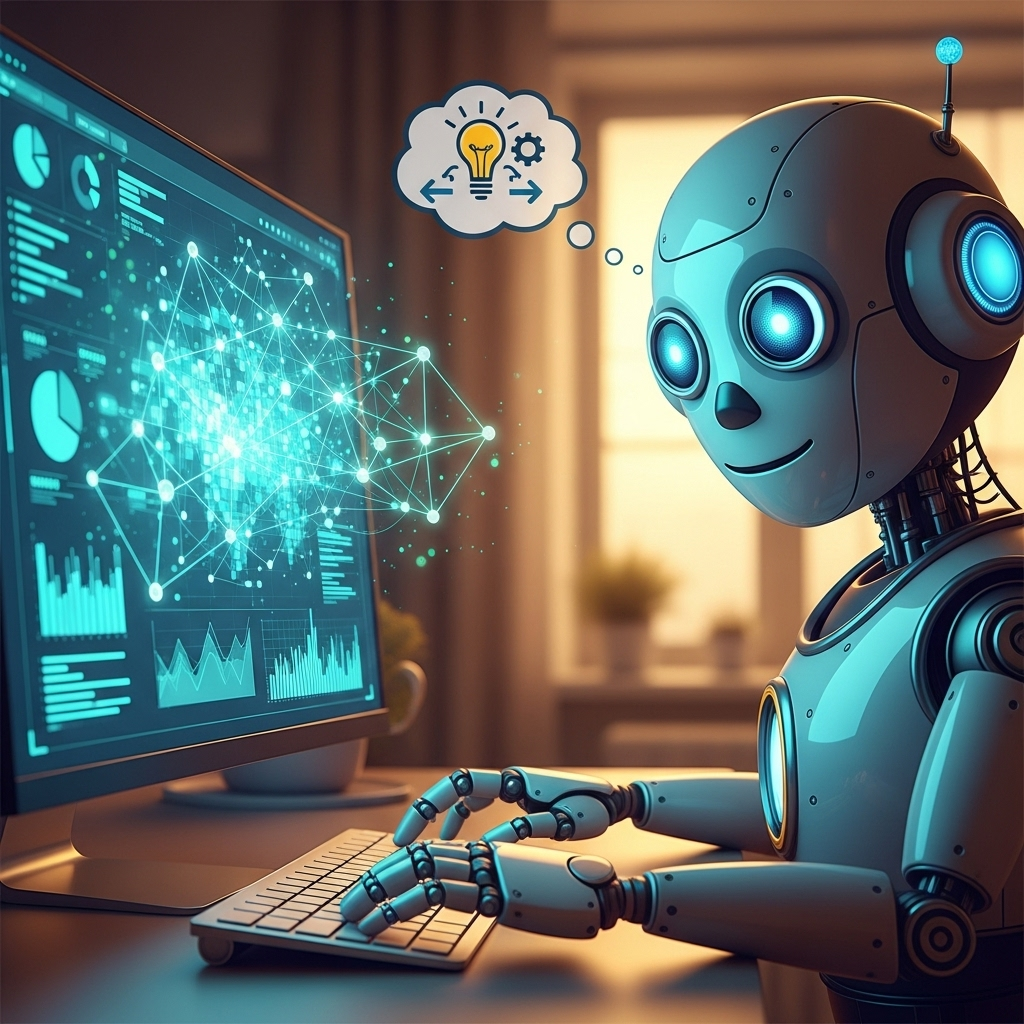 A friendly robot thoughtfully interacting with a computer, symbolizing AI analyzing information and adapting to user input in a clear, approachable way that highlights agentic definition.