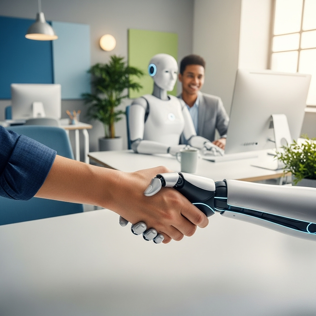 A warm, visually appealing graphic depicting a person and a robot shaking hands in an office setting, symbolizing collaboration and trust, rendered in soft tones without any text.