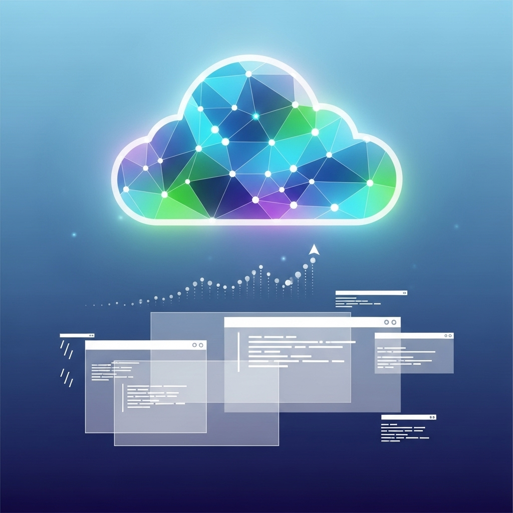 The alt description is: Abstract square image with interconnected geometric shapes and digital elements symbolizing saas development and technology, representing an easy overview of SaaS development.
