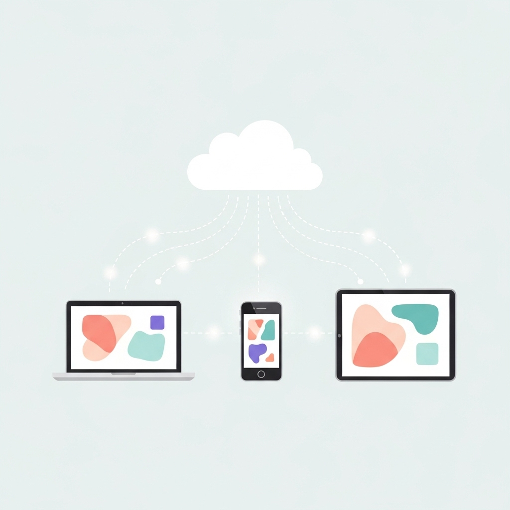 A minimalist illustration of a cloud connected to a laptop, phone, and tablet, symbolizing easy software delivery and accessibility across devices in a friendly, simple style.