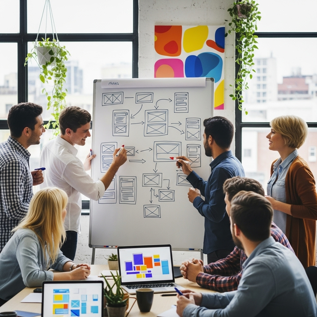 A friendly team of designers and developers gathered around a whiteboard, enthusiastically sketching ideas with laptops open, illustrating a collaborative and innovative work environment.
