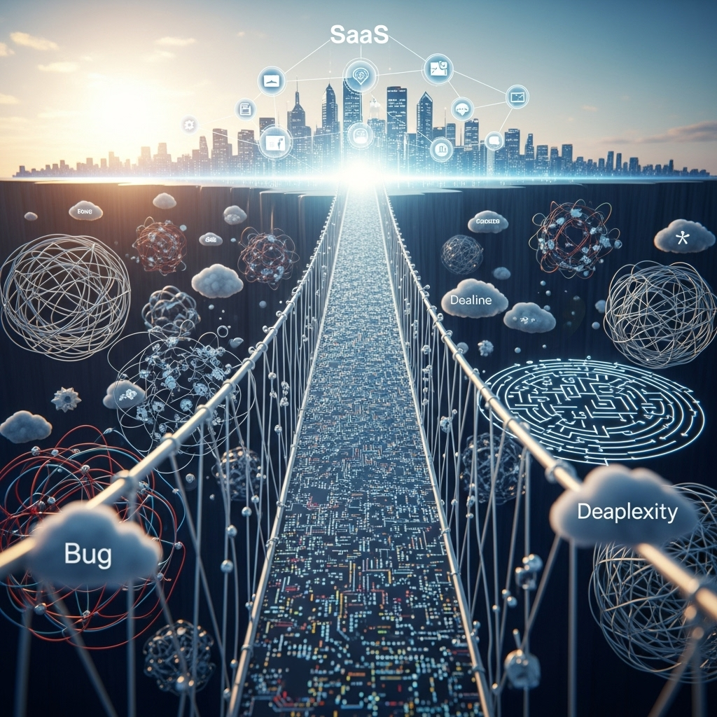 A serene illustration of a sturdy bridge spanning over rocky terrain, symbolizing overcoming obstacles on the path to a glowing SaaS platform, representing positivity and resilience in software development.