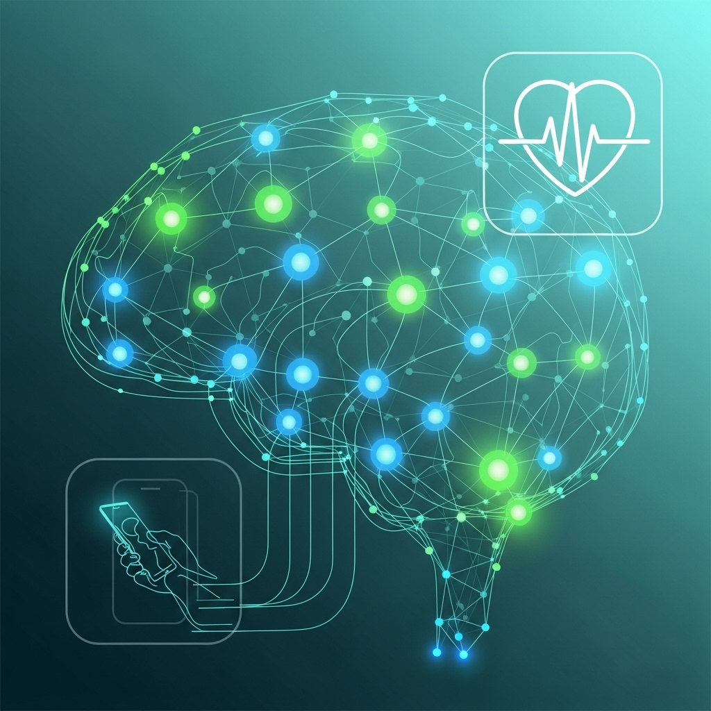 An abstract, square-shaped digital illustration symbolizing healthcare app development, featuring interconnected icons of a heart, mobile devices, and medical symbols in calming blue and green tones, representing the transformation of patient care through technology.
