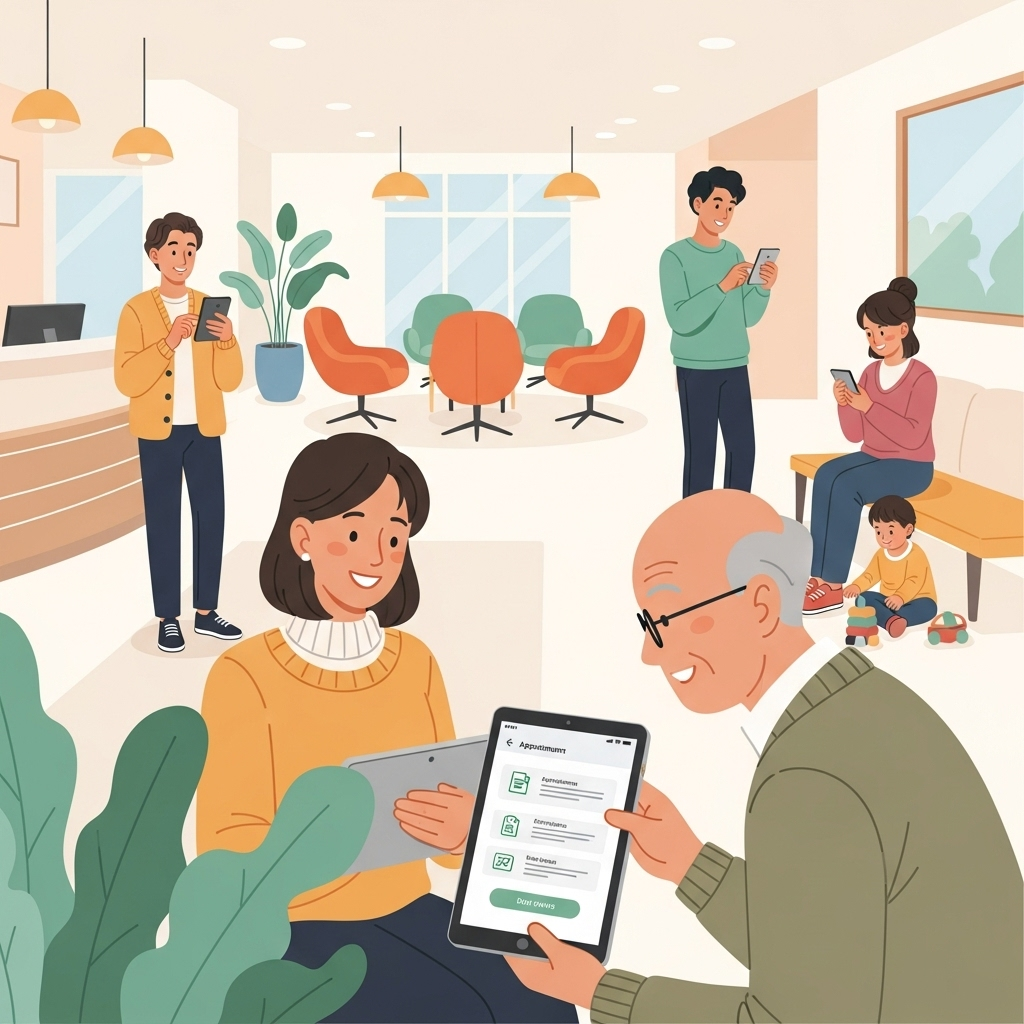 A warm and inviting illustration of diverse people comfortably using a mobile app on smartphones and tablets within a modern clinic lobby, highlighting accessibility and ease of use for all individuals.