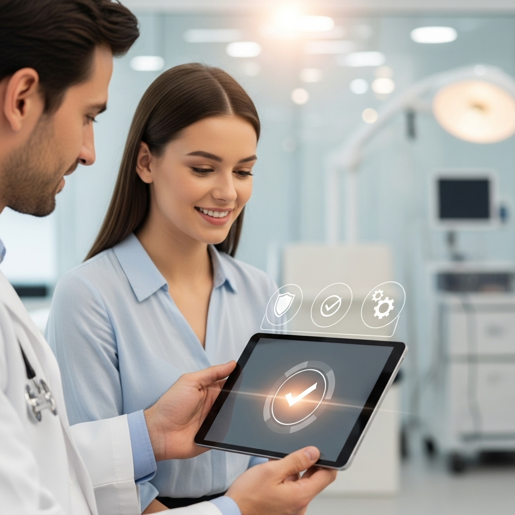 A doctor and patient smiling together while reviewing health records on a digital tablet, surrounded by icons symbolizing security, ease, and efficiency, illustrating the positive connection and digital transformation in healthcare.