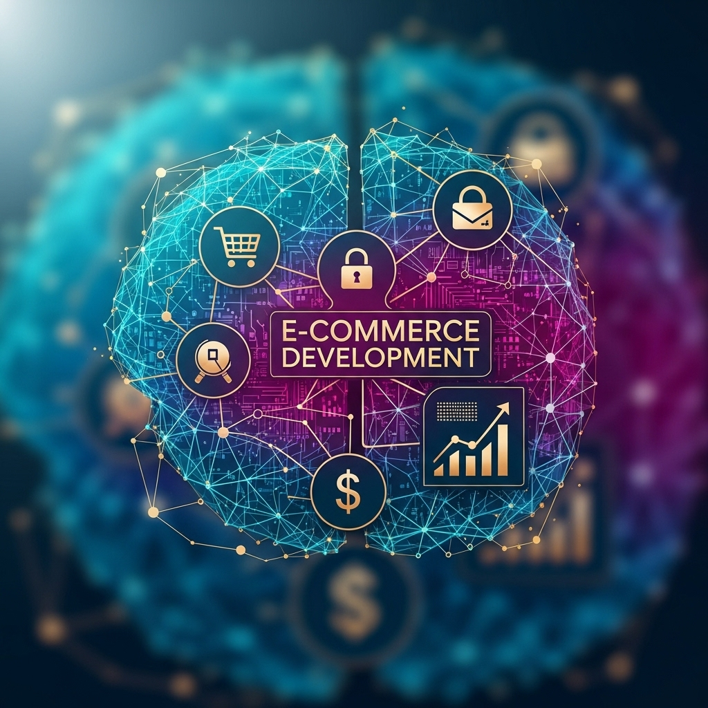 Alt description: Abstract square image featuring interconnected digital nodes and shopping cart icons, symbolizing ecommerce software development essentials.