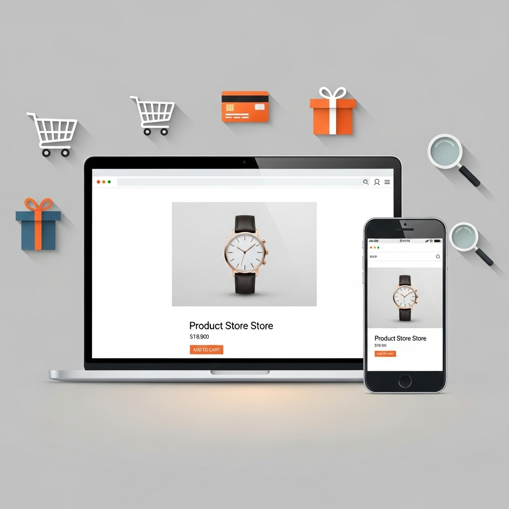 A modern web-based online store interface shown on a laptop and smartphone, featuring shopping icons and a clean design that emphasizes ease of use and accessibility for non-technical users.