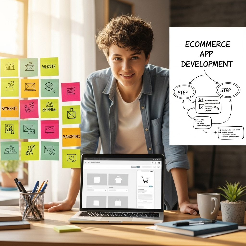 A friendly workspace featuring a beginner entrepreneur reviewing key application development essentials, with colorful post-it notes, diagrams, and a simple computer screen creating an approachable and unintimidating atmosphere.