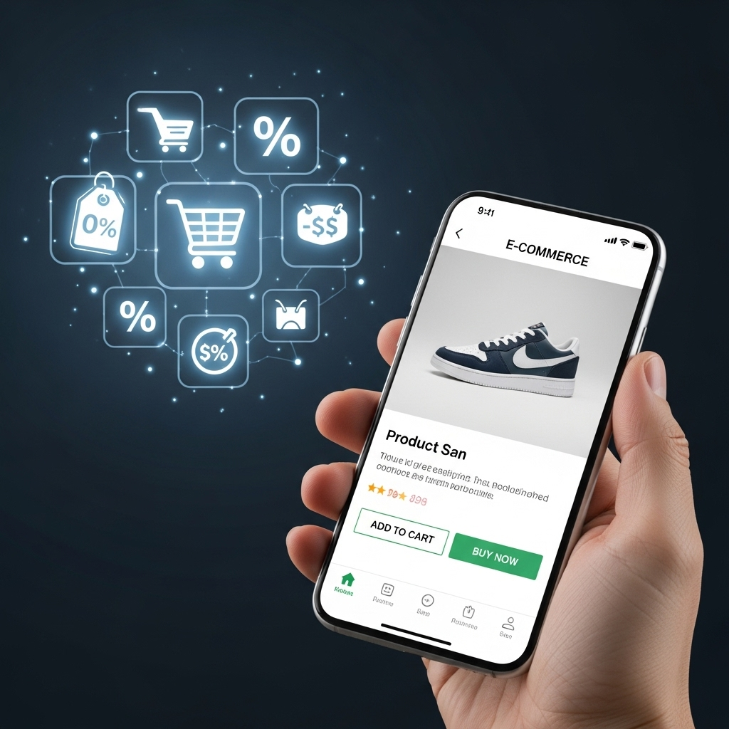 A person holding a smartphone and navigating a mobile shopping app with intuitive interface and prominent call-to-action buttons, with shopping-related icons softly visible in the background, illustrating increased sales from mobile solutions.