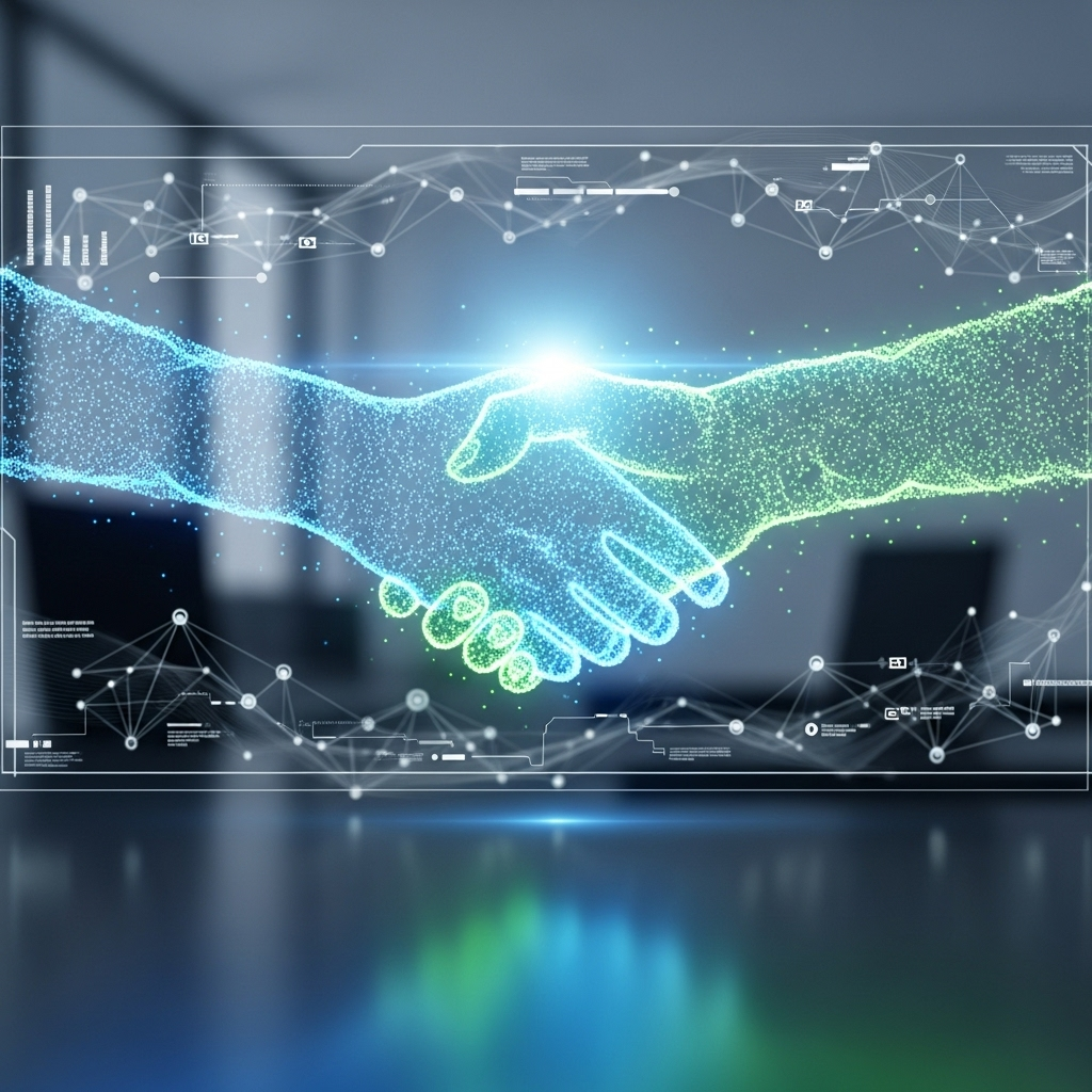 A digital handshake occurring over a sleek, secure online platform interface, symbolizing trust and credibility in application development. The scene appears professional, clean, and reassuring.