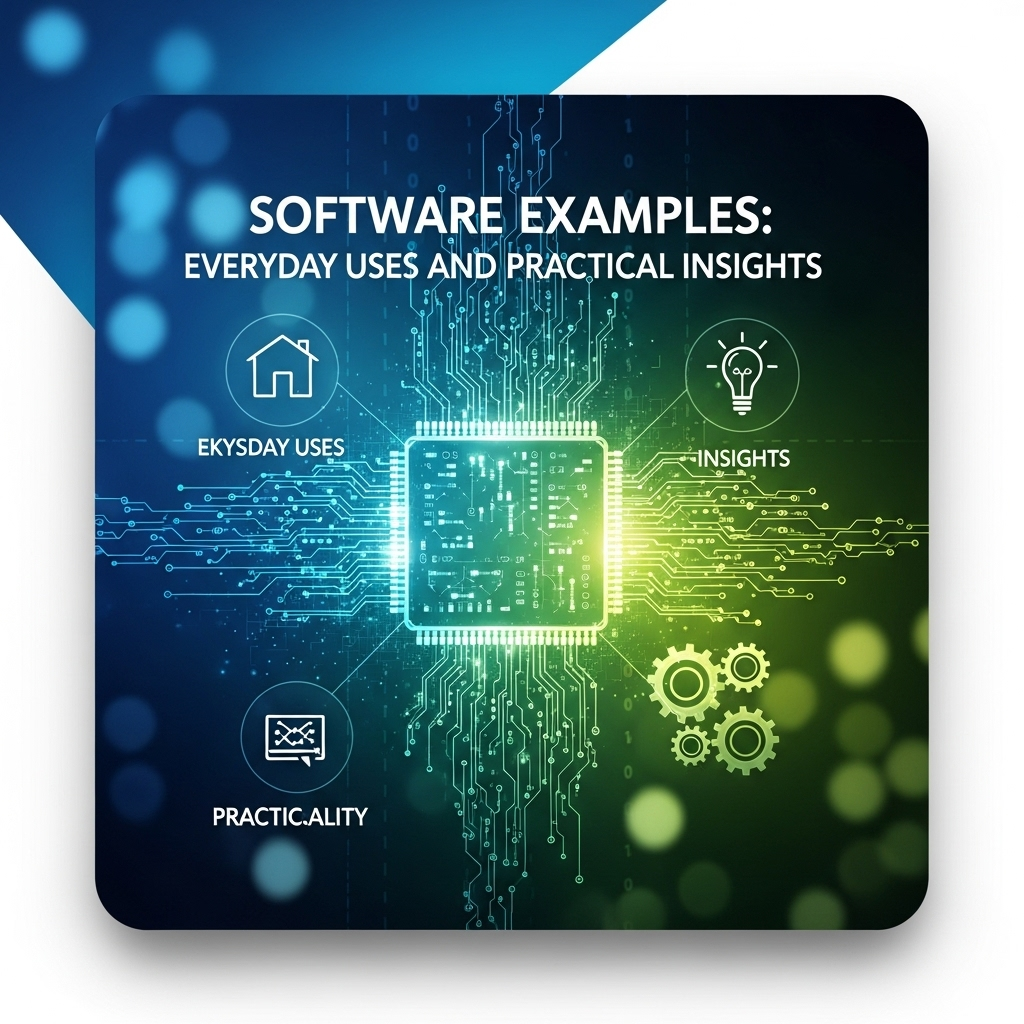 Alt description: Abstract square image featuring interconnected digital icons and symbols representing software examples, illustrating everyday uses and practical insights in technology.