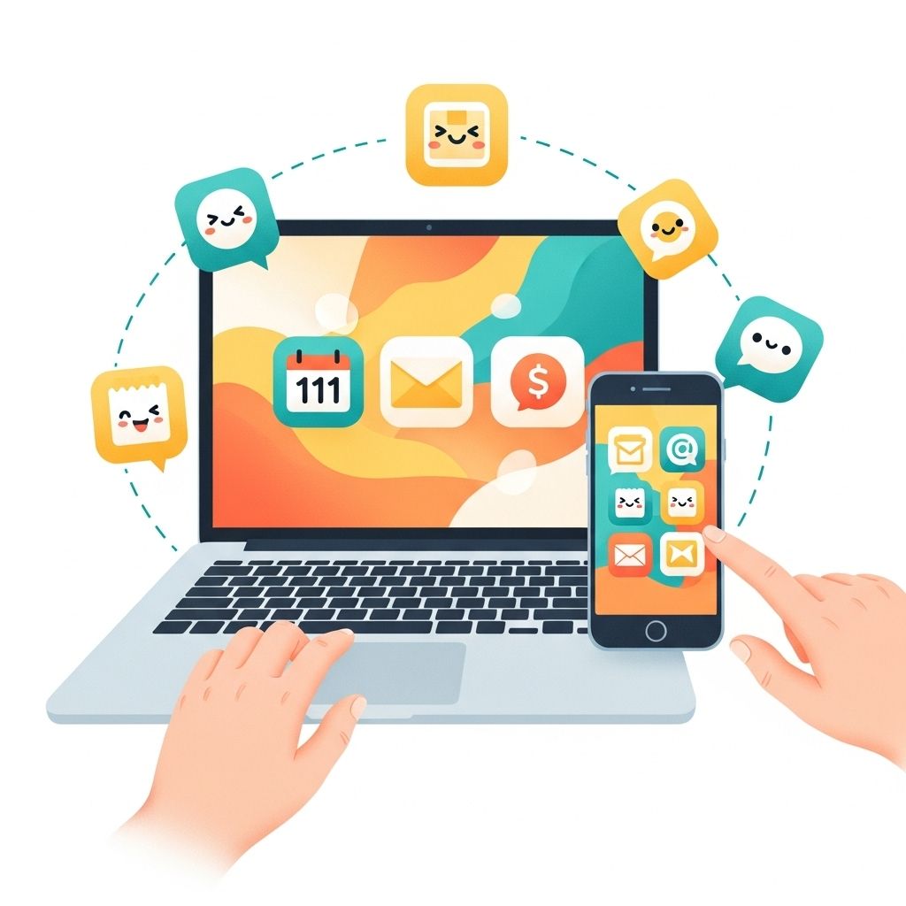 An inviting illustration of a laptop and a smartphone surrounded by friendly application icons like calendar, email, and messaging apps, with a human hand lightly touching the devices to suggest daily interaction, rendered in a warm and approachable color palette.