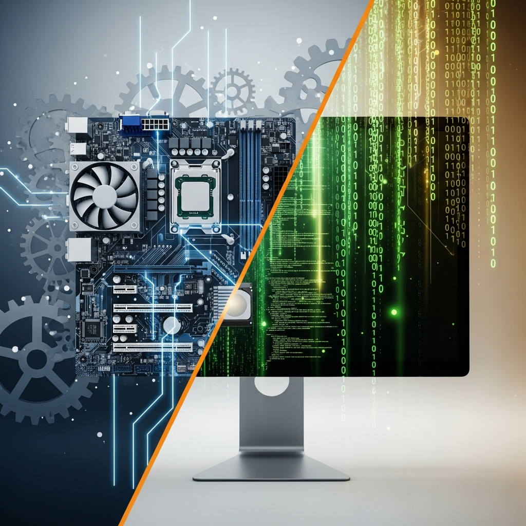 An illustration depicting a computer divided into two parts: one side shows mechanical gears representing hardware, and the other displays lines of code symbolizing software. The image uses contrasting colors to clearly differentiate the two elements in a simple, easy-to-understand style suitable for non-technical viewers.
