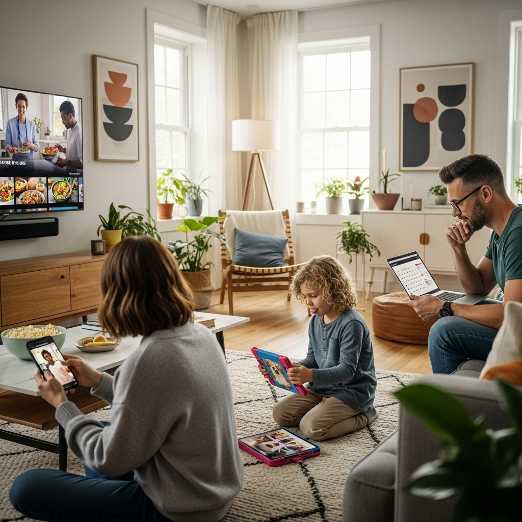 A modern home setting with three people engaged in different activities: one streaming video on a device, another managing a calendar app, and a child editing photos on a tablet, creating a relaxed and relatable atmosphere of everyday technology use.